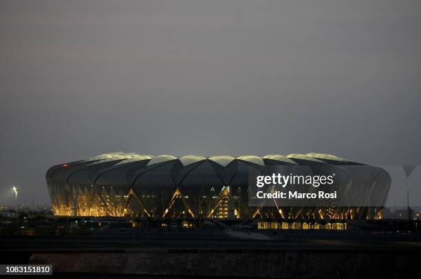Night view of King Abdullah sports city stadium before the Juventus press conference - Italian Supercup previews on January 15, 2019 in Jeddah, Saudi...