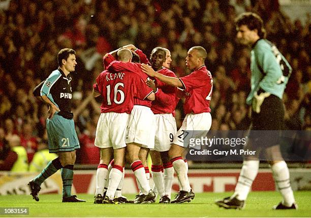 Manchester United celebrate during the UEFA Champions League match against PSV Eindhoven at Old Trafford in Manchester, England. Manchester United...