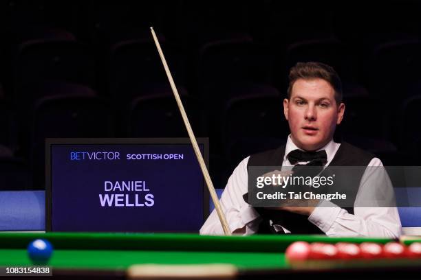 Daniel Wells of Wales reacts during the semi-final match against Mark Allen of Northern Ireland on day 6 of 2018 BetVictor Scottish Open at Emirates...