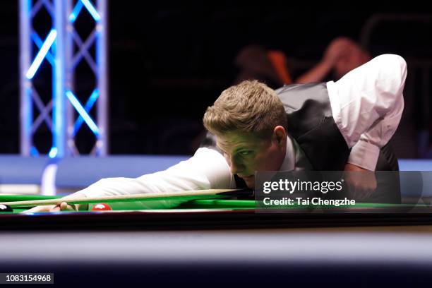 Daniel Wells of Wales plays a shot during the semi-final match against Mark Allen of Northern Ireland on day 6 of 2018 BetVictor Scottish Open at...