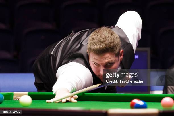 Daniel Wells of Wales plays a shot during the semi-final match against Mark Allen of Northern Ireland on day 6 of 2018 BetVictor Scottish Open at...