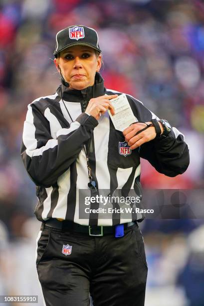 Playoffs: Referee Sarah Thomas during New England Patriots vs Los Angeles Chargers game at Gillette Stadium. Thomas is the first female to officiate...