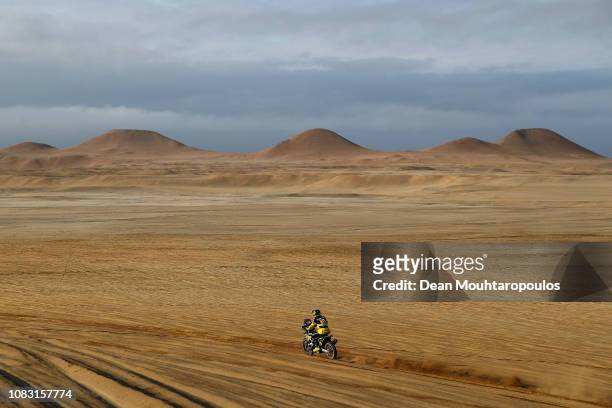 Slovnaft Team No. 11 Motorbike ridden by Stefan Svitko of Slovakia competes in the desert during Stage Seven of the 2019 Dakar Rally on January 13,...