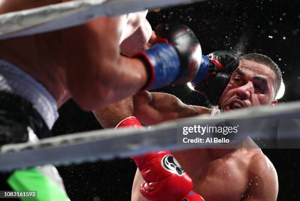 Sadam Ali takes a left hand against Mauricio Herrera during their welterweight fightat Madison Square Garden on December 15, 2018 in New York City.