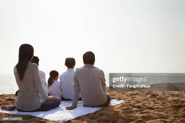 chinese family picnicking on beach - multi generation family thinking stock pictures, royalty-free photos & images