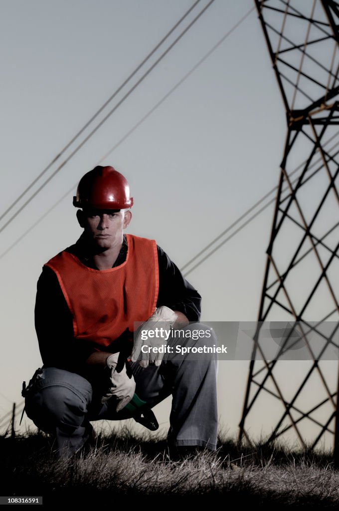 Kneeling utility worker against power lines