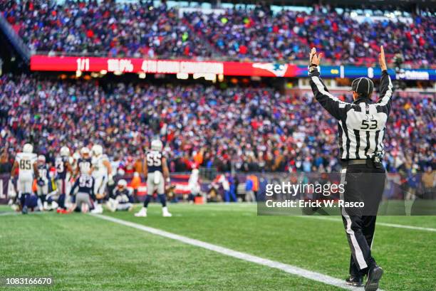 Playoffs: Rear view of referee Sarah Thomas making touchdown call during New England Patriots vs Los Angeles Chargers at Gillette Stadium....