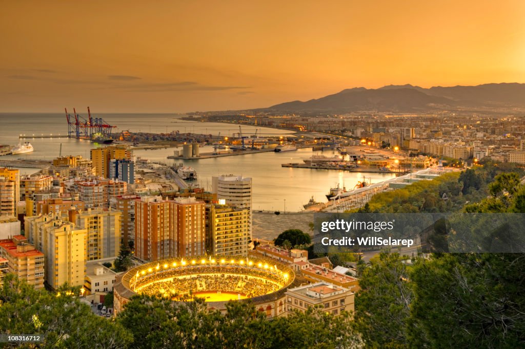 View of Malaga at twilight