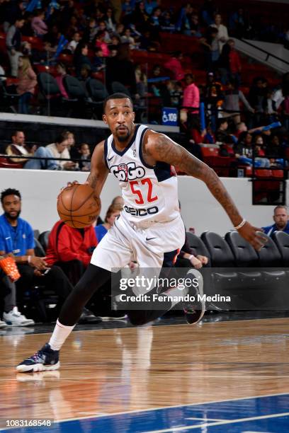 Jordan McRae of the Capital City Go-Go handles the ball against the Lakeland Magic during the NBA G League on January 15, 2019 at RP Funding Center...