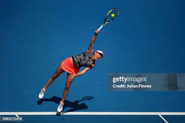 Aliaksandra Sasnovich of Belarus serves in her second round match against Anett Kontaveit of Estonia during day three of the 2019 Australian Open at...