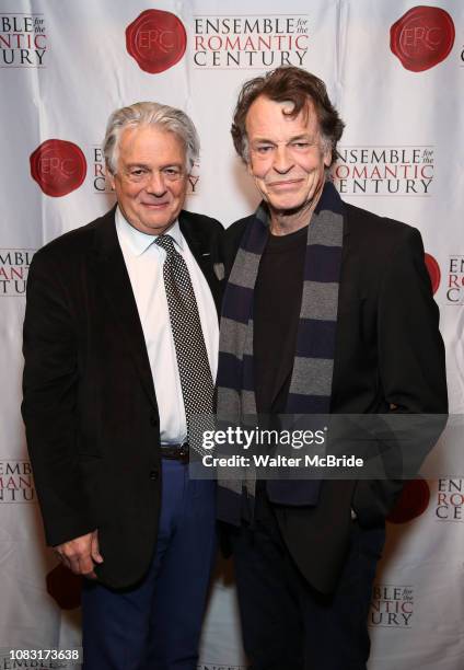 Donald T. Sanders and John Noble attend the opening night celebration for the Ensemble for the Romantic Century Off-Broadway premiere of "Maestro" at...