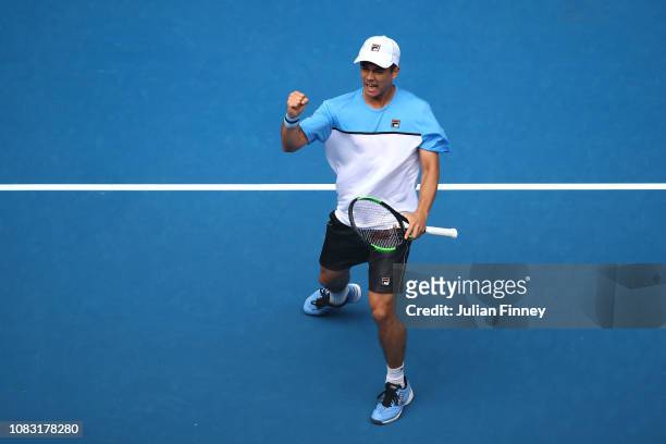 Mackenzie Mcdonald of the United States celebrates in his second round match against Marin Cilic of Croatia during day three of the 2019 Australian...