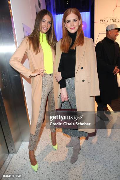 Model Lorena Rae and Sarah Rafferty wearing Marc Cain during the Marc Cain Fashion Show Autumn/Winter 2019 at Deutsche Telekom's representative...