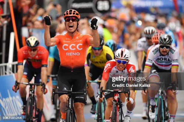 Patrick Bevin of New Zealand and CCC Team celebrates after winning stage two of the 2019 Tour Down Under on January 16, 2019 in Norwood, Australia.