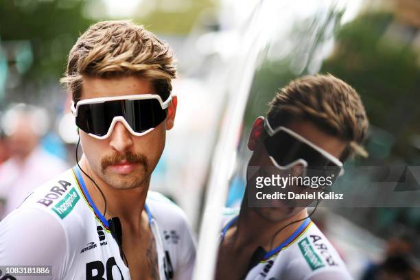 Peter Sagan of Slovakia and Team Bora-Hansgrohe looks on during stage two of the 2019 Tour Down Under on January 16, 2019 in Norwood, Australia.