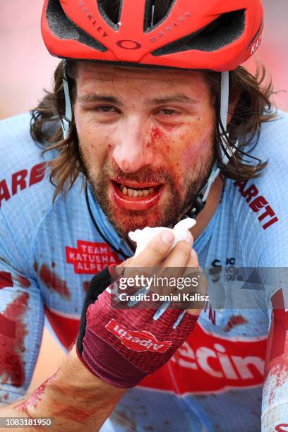 Marco Haller of Austria and Team Katusha-Alpecin crosses the finish line after crashing during stage two of the 2019 Tour Down Under on January 16,...