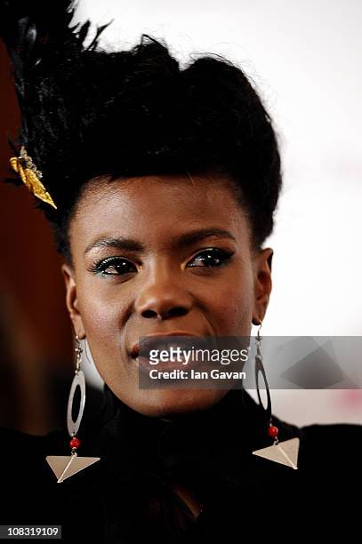 Singer Shingai Shoniwa of the Noisettes poses in the press room at the South Bank Sky Arts Awards at The Dorchester on January 25, 2011 in London,...