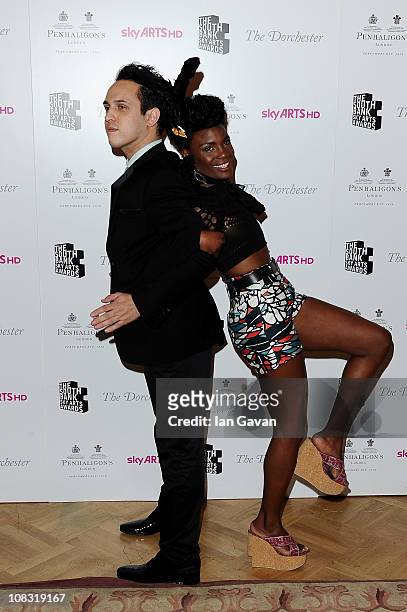 Singer Shingai Shoniwa and musician Dan Smith of the Noisettes pose in the press room at the South Bank Sky Arts Awards at The Dorchester on January...