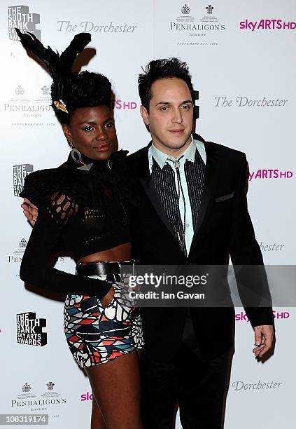 Singer Shingai Shoniwa and musician Dan Smith of the Noisettes pose in the press room at the South Bank Sky Arts Awards at The Dorchester on January...