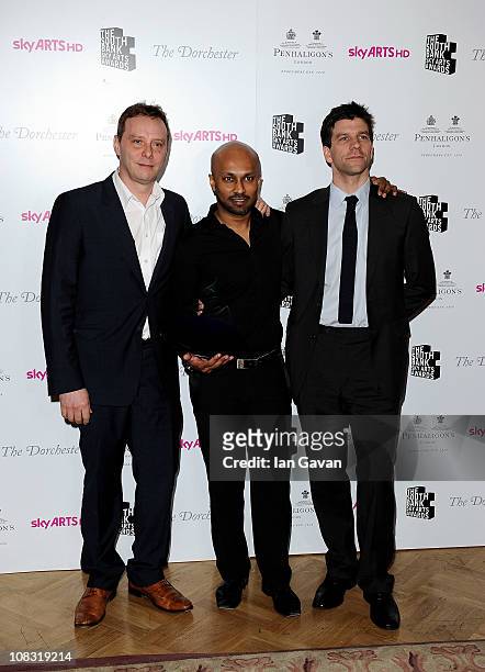 Winner of the South Bank Sky Arts Awards: Dance Akram Khan poses with presenters 'Ballet Boyz' in the press room at the South Bank Sky Arts Awards at...