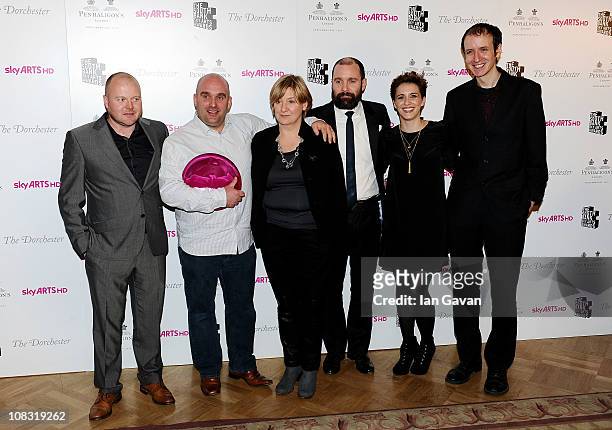Winners of the South Bank Sky Arts Awards: TV Drama Mark Herbert, Shane Measows, Johnny Harris, Vicky McLure and Jack Thorne pose with presenter...