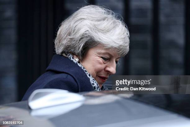 Prime Minister Theresa May leaves Downing Street ahead of a vote of no confidence in government on January 16, 2019 in London, England. The...