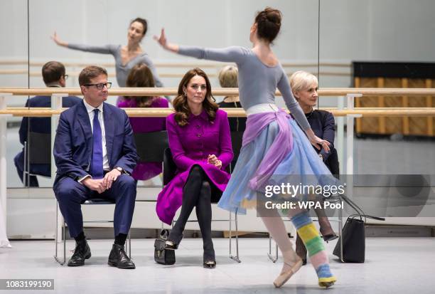 The Duchess of Cambridge visits The Royal Opera House on January 16, 2019 in London, England to learn more about their use of textiles, commissioning...