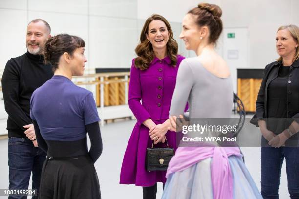 The Duchess of Cambridge visits The Royal Opera House on January 16, 2019 in London, England to learn more about their use of textiles, commissioning...