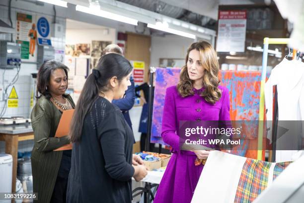 The Duchess of Cambridge visits The Royal Opera House on January 16, 2019 in London, England to learn more about their use of textiles, commissioning...