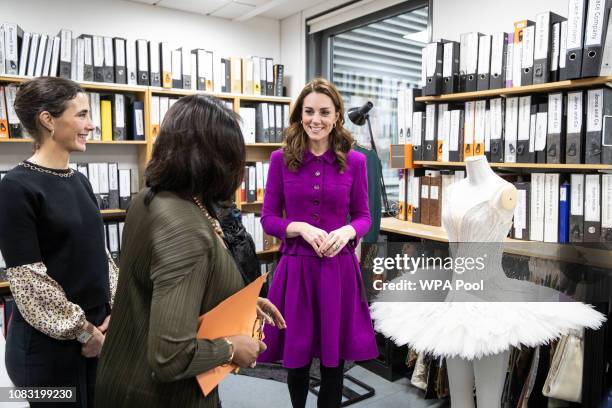 The Duchess of Cambridge visits The Royal Opera House on January 16, 2019 in London, England to learn more about their use of textiles, commissioning...