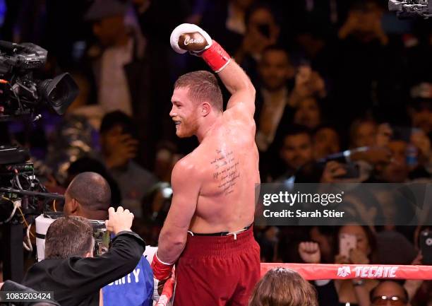 Canelo Alvarez celebrates after technical knock out of Rocky Fielding in their WBA Super Middleweight title bout at Madison Square Garden on December...