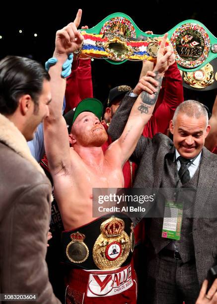 Canelo Alvarez celebrates after the technical knock out of Rocky Fielding in their WBA Super Middleweight title bout at Madison Square Garden on...