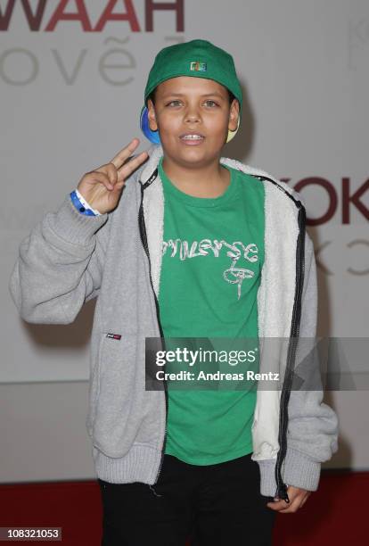 The son of actress Anne-Sophie Briest, Jahmar Walker arrives for the ''Kokowaeaeh' - Germany Premiere at CineStar on January 25, 2011 in Berlin,...