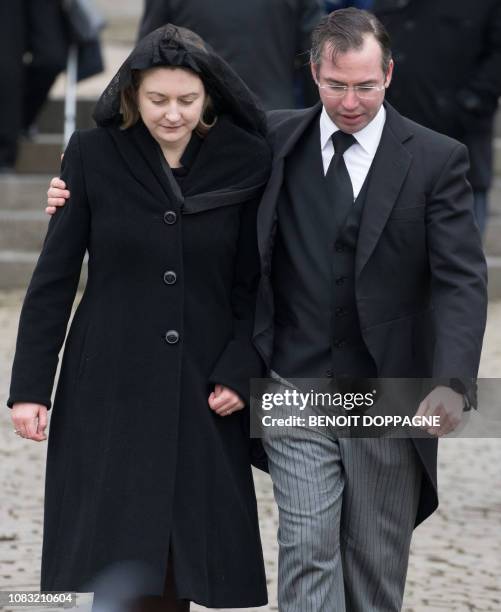 Hereditary Grand Duke Guillaume and Hereditary Grand Duchess Stephanie of Luxembourg pictured after the funeral service for Count Philippe de Lannoy,...