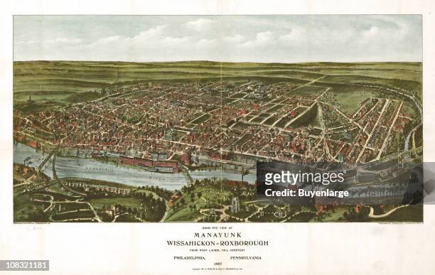 Color bird's eye view map of Manayunk, Pennsylvania, near Philadelphia, 1907. Illustration by TM Fowler, with a view taken from nearby Laurel Hill...