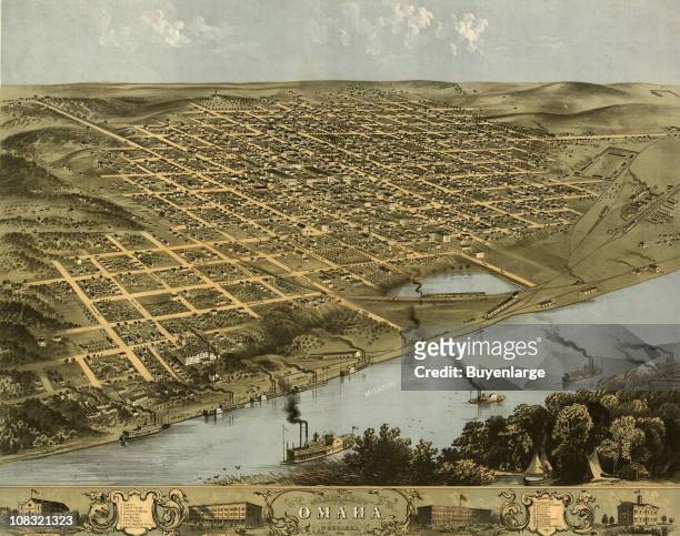 Color bird's eye view map of Omaha, Nebraska, showing the growing town and steamboats on the Missouri River, 1868. Illustration by Ruger.