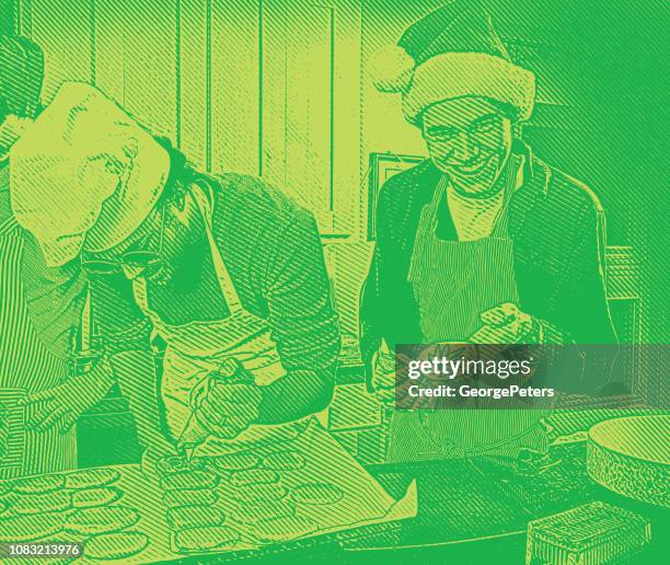 friends baking cannabis christmas cookies and having fun - baking sheet stock illustrations