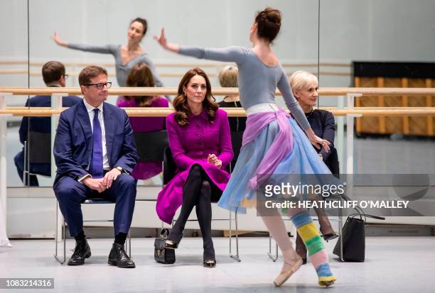 Britain's Catherine, Duchess of Cambridge, watches Royal Ballet Principal Dancer Lauren Cuthbertson rehearsing the romantic Ballet The Two Pigeons...
