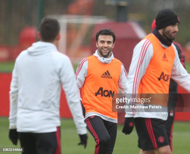 Former player Giuseppi Rossi of Manchester United in action during a first team training session at Aon Training Complex on January 16, 2019 in...