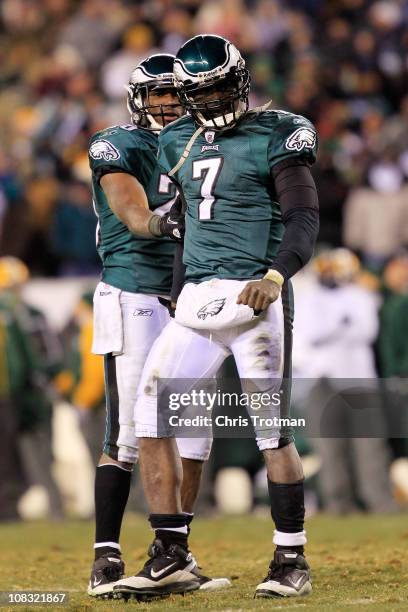 Michael Vick of the Philadelphia Eagles reacts against the Green Bay Packers during the 2011 NFC wild card playoff game at Lincoln Financial Field on...