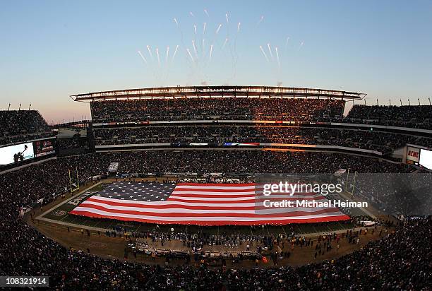 The color guard presents a full field flag for the national anthem before the game between the Green Bay Packers and the Philadelphia Eagles in the...