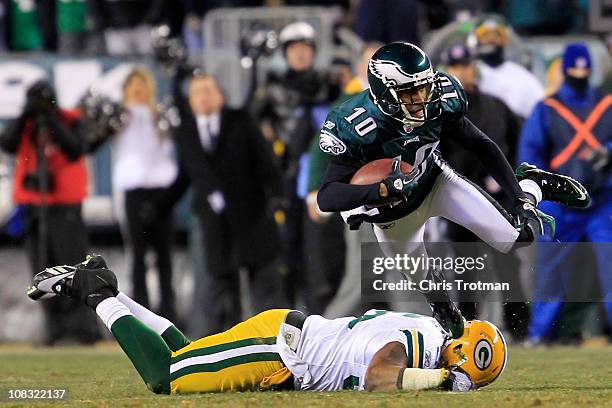 DeSean Jackson of the Philadelphia Eagles runs down field against Desmond Bishop of the Green Bay Packers during the 2011 NFC wild card playoff game...