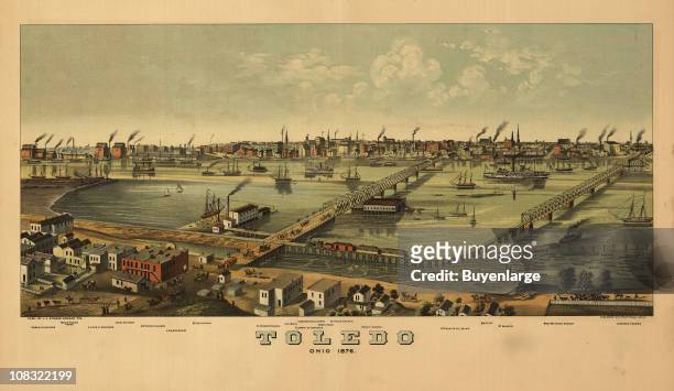 Color illustration shows an elevated, bird's eye view of Toledo, Ohio, 1876.