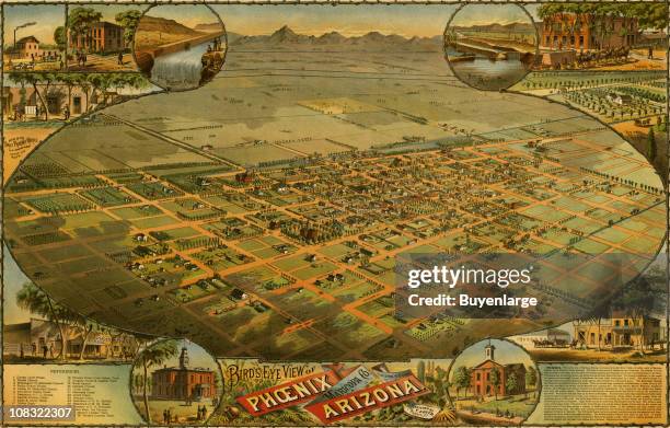 Color bird's eye view map of Phoenix, Arizona, 1885. Illustration by C.J. Dyer.