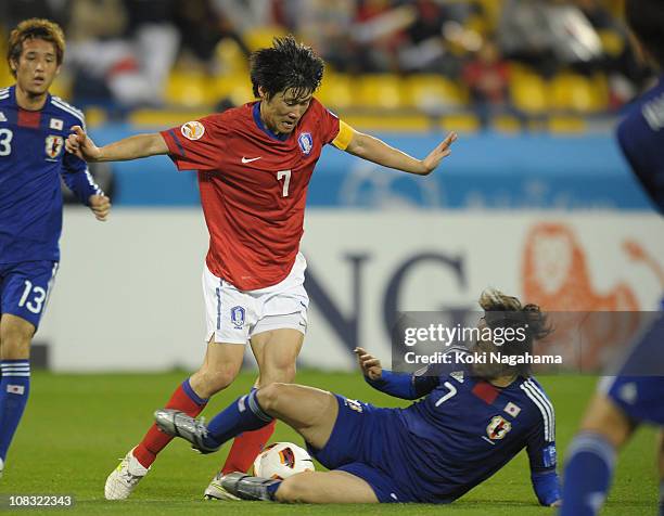 Yasuhito Endo of Japan and Ji-Sung Park of Korea compete for the ball during the AFC Asian Cup Semi Final match between Japan and South Korea at...