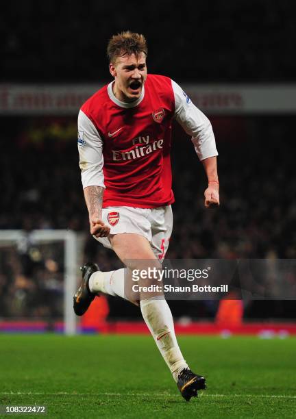 Nicklas Bendtner of Arsenal celebrates as he scores their first goal during the Carling Cup Semi Final Second Leg match between Arsenal and Ipswich...