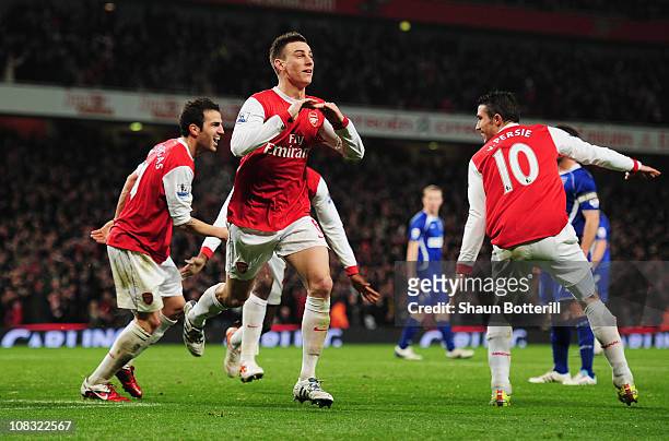 Laurent Koscielny of Arsenal celebrates as he scores their second goal during the Carling Cup Semi Final Second Leg match between Arsenal and Ipswich...