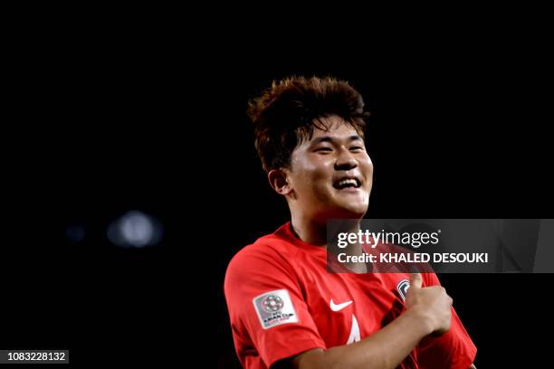 South Korea's defender Kim Min-jae celebrates after scoring a goal during the 2019 AFC Asian Cup group C football match between South Korea and China...