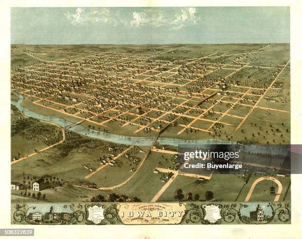 Color illustration shows an elevated, bird's eye view of Iowa City, Iowa and the Iowa River, 1868.