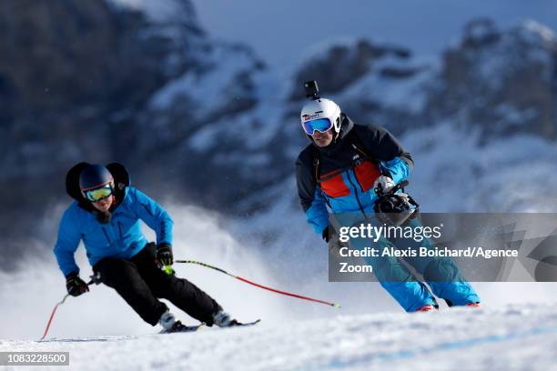 Marc Berthod of Switzerland, Bruno Kernen of Switzerland cameramens during the Audi FIS Alpine Ski World Cup Men's Downhill Training on January 16,...